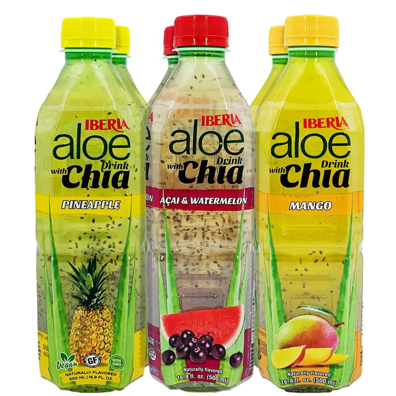 Iberia Aloe Vera Drink with Aloe Pulp and Chia Seeds 16.9 Ounce (Pack of 6) 2 X Watermelon & Acai, 2 x Mango, 2 x Pineapple - Image 1